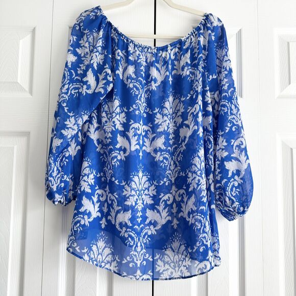 Show Me Your Mumu Blue White Peasant Blouse Small Sheer Boho Floral Top - Picture 4 of 8